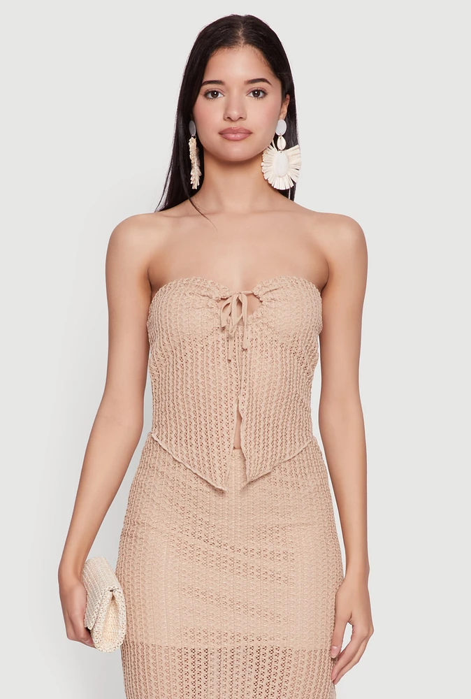 Womens Textured Knit Tie Front Keyhole Crop Top, Beige, Size S