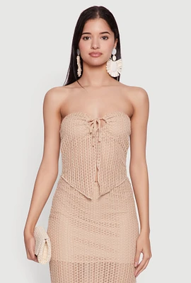 Womens Textured Knit Tie Front Keyhole Crop Top, Beige, Size S