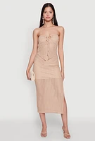 Womens Textured Knit Tie Front Keyhole Crop Top, Beige, Size S