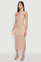 Womens Textured Knit Tie Front Keyhole Crop Top, Beige, Size S