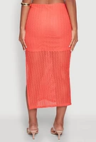 Womens Lined Textured Knit Side Slit Skirt, Orange, Size M