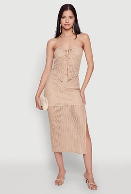 Womens Lined Textured Knit Side Slit Skirt, Khaki,