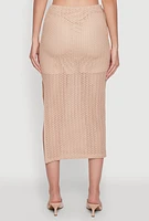 Womens Lined Textured Knit Side Slit Skirt, Khaki,