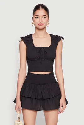Womens Smocked Hem Peasant Crop Top, Black, Size L