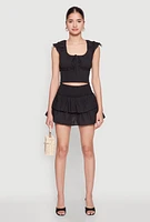 Womens Smocked Hem Peasant Crop Top, Black, Size L
