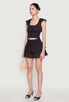 Womens Smocked Hem Peasant Crop Top, Black, Size L