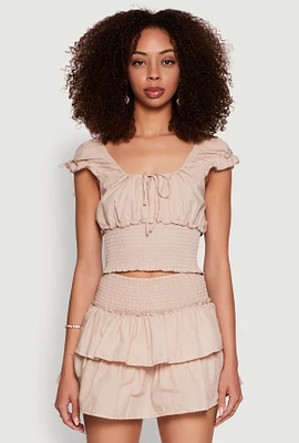 Womens Smocked Hem Peasant Crop Top,