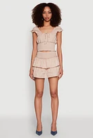 Womens Smocked Hem Peasant Crop Top, Beige,