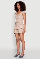 Womens Smocked Hem Peasant Crop Top, Beige,