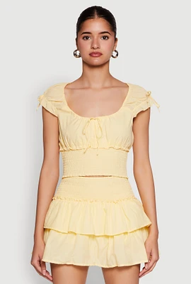 Womens Smocked Hem Peasant Crop Top, Yellow, Size L
