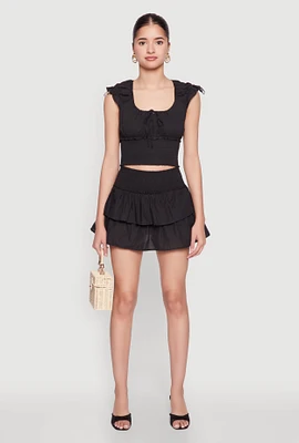 Womens Smocked Waist Tiered Mini Skirt, S