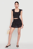 Womens Smocked Waist Tiered Mini Skirt, Black, Size L
