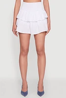 Womens Smocked Waist Tiered Mini Skirt, White,
