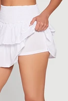 Womens Smocked Waist Tiered Mini Skirt, White,
