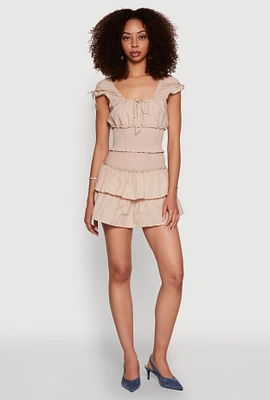 Womens Smocked Waist Tiered Mini Skirt, Khaki, Size S