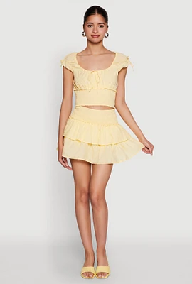 Womens Smocked Waist Tiered Mini Skirt, Yellow, Size L
