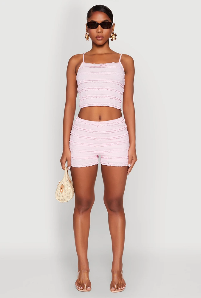 Womens Textured Knit Lace Detail Tiered Shorts,