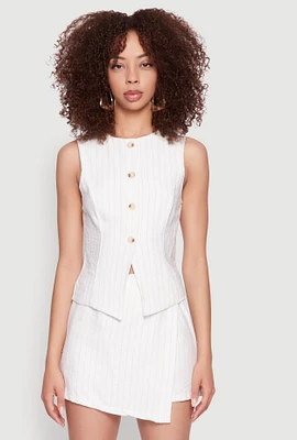 Womens Pinstripe Button Front Blazer Vest, White, Size L