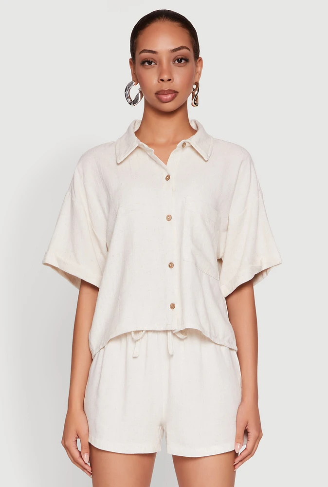 Womens Iris Linen Boxy Button Front Shirt, Beige,