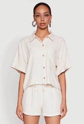 Womens Iris Linen Boxy Button Front Shirt, Beige,