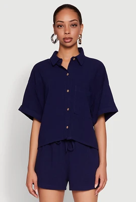 Womens Iris Linen Boxy Button Front Shirt, Blue, Size L