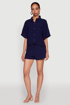 Womens Iris Linen Drawstring Shorts, Blue, Size L