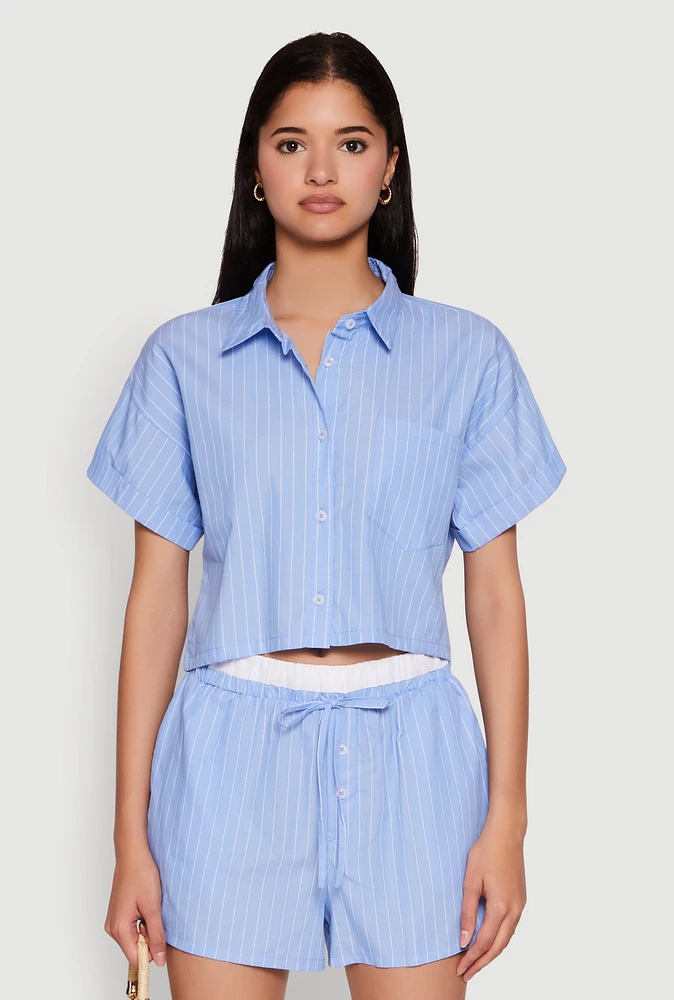 Womens Iris Pinstripe Cropped Shirt, Blue,