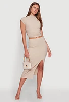 Womens Iris Textured Knit Midi Skirt with Side Slit, Khaki, Size M