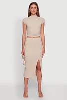 Womens Iris Textured Knit Midi Skirt with Side Slit, Khaki, Size M