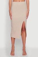 Womens Iris Textured Knit Midi Skirt with Side Slit, Khaki, Size M