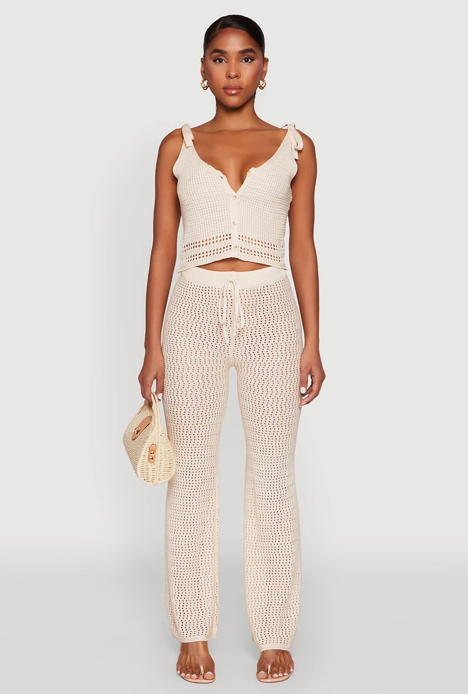 Womens Crochet High Waisted Drawstring Pants, Khaki, Size L