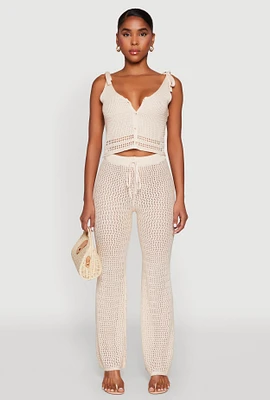 Womens Crochet High Waisted Drawstring Pants, Khaki, Size L