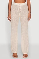 Womens Crochet High Waisted Drawstring Pants, Khaki, Size L