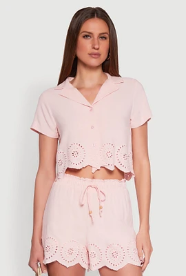 Womens Haute Monde Eyelet Detail Cropped Shirt, Pink, Size M