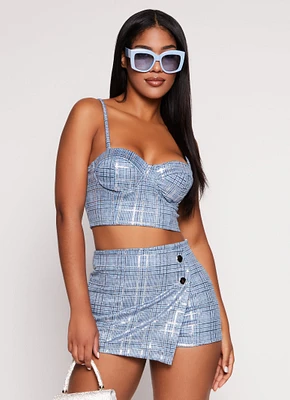 Womens Plaid Bustier Crop Top, Blue, Size S