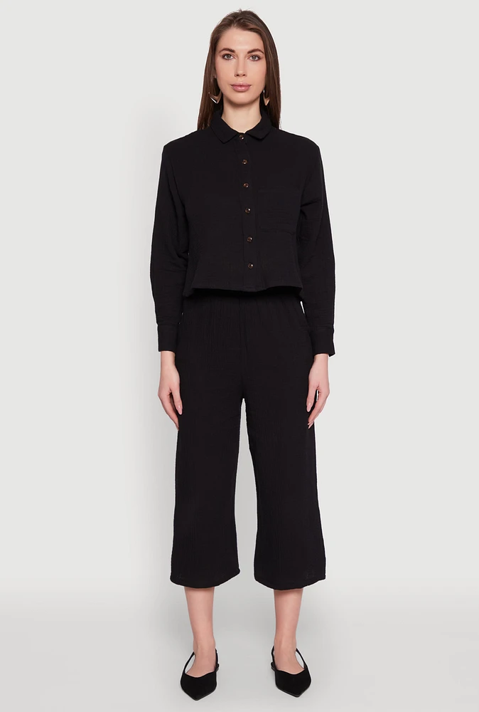 Womens Iris Gauze Knit Paper Bag Waist Culottes, Black, Size L