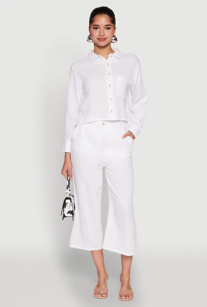 Womens Iris Gauze Knit Paper Bag Waist Culottes, White,