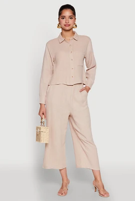 Womens Iris Gauze Knit Paper Bag Waist Culottes, Khaki, Size M