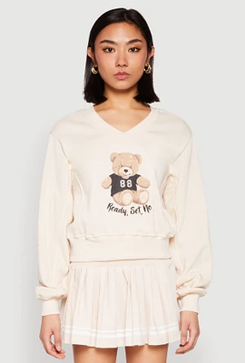 Womens V Neck Printed Pattern Sweatshirt, Beige, Size XL