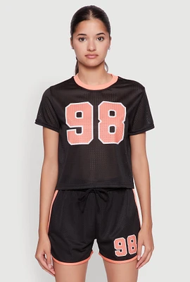 Womens Graphic Jersey Mesh Crew Neck Top, Black, Size S
