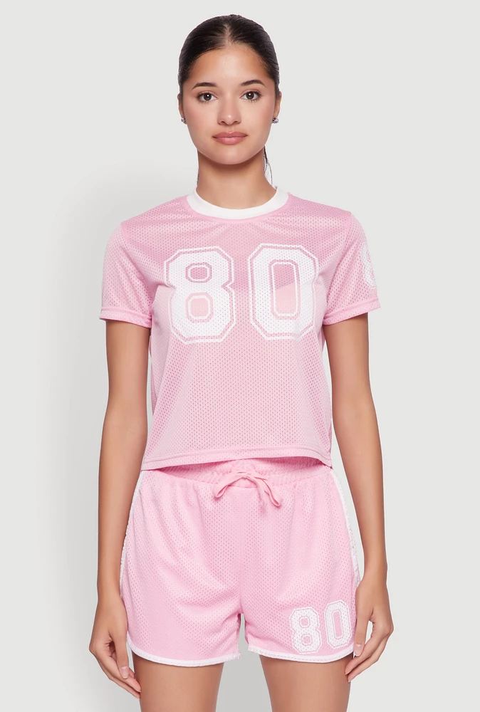 Womens Graphic Jersey Mesh Crew Neck Top,