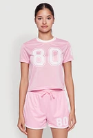 Womens Graphic Jersey Mesh Crew Neck Top,