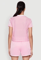 Womens Graphic Jersey Mesh Crew Neck Top,