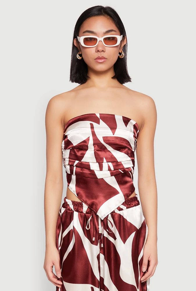 Womens Patterned Satin Strapless Top, Brown,