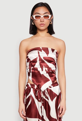 Womens Patterned Satin Strapless Top, Brown,