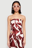 Womens Patterned Satin Strapless Top, Brown,