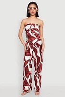 Womens Patterned Satin Strapless Top, Brown,