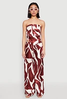 Womens Patterned Satin Strapless Top, Brown,