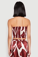 Womens Patterned Satin Strapless Top, Brown,