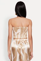 Womens Patterned Satin Strapless Top, Beige, Size S